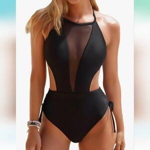CUPSHE Mesh Halter Cutout One-piece Bathing Suit